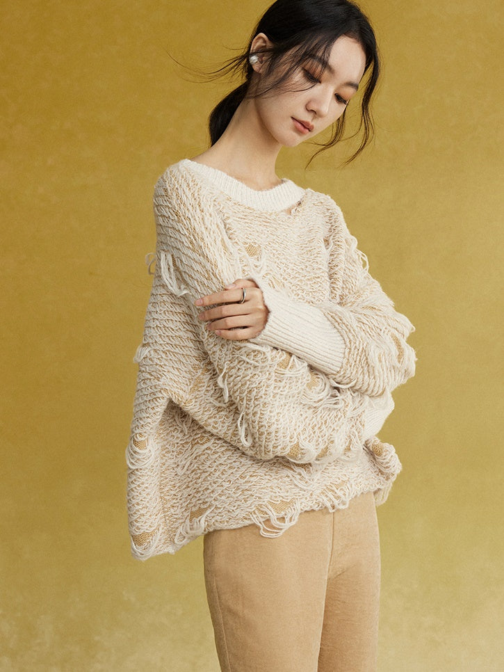 Contrasting Color Round Neck Loose Hole Sweater