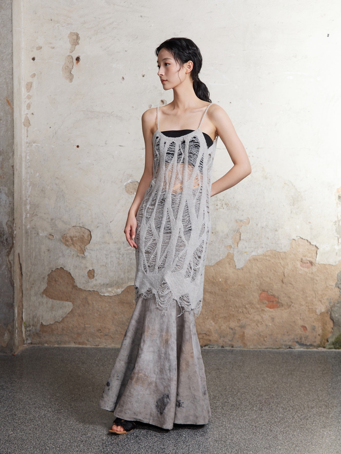 Plant-dyed Mermaid Long Skirt &amp; Hollow Knitted Long Camisole