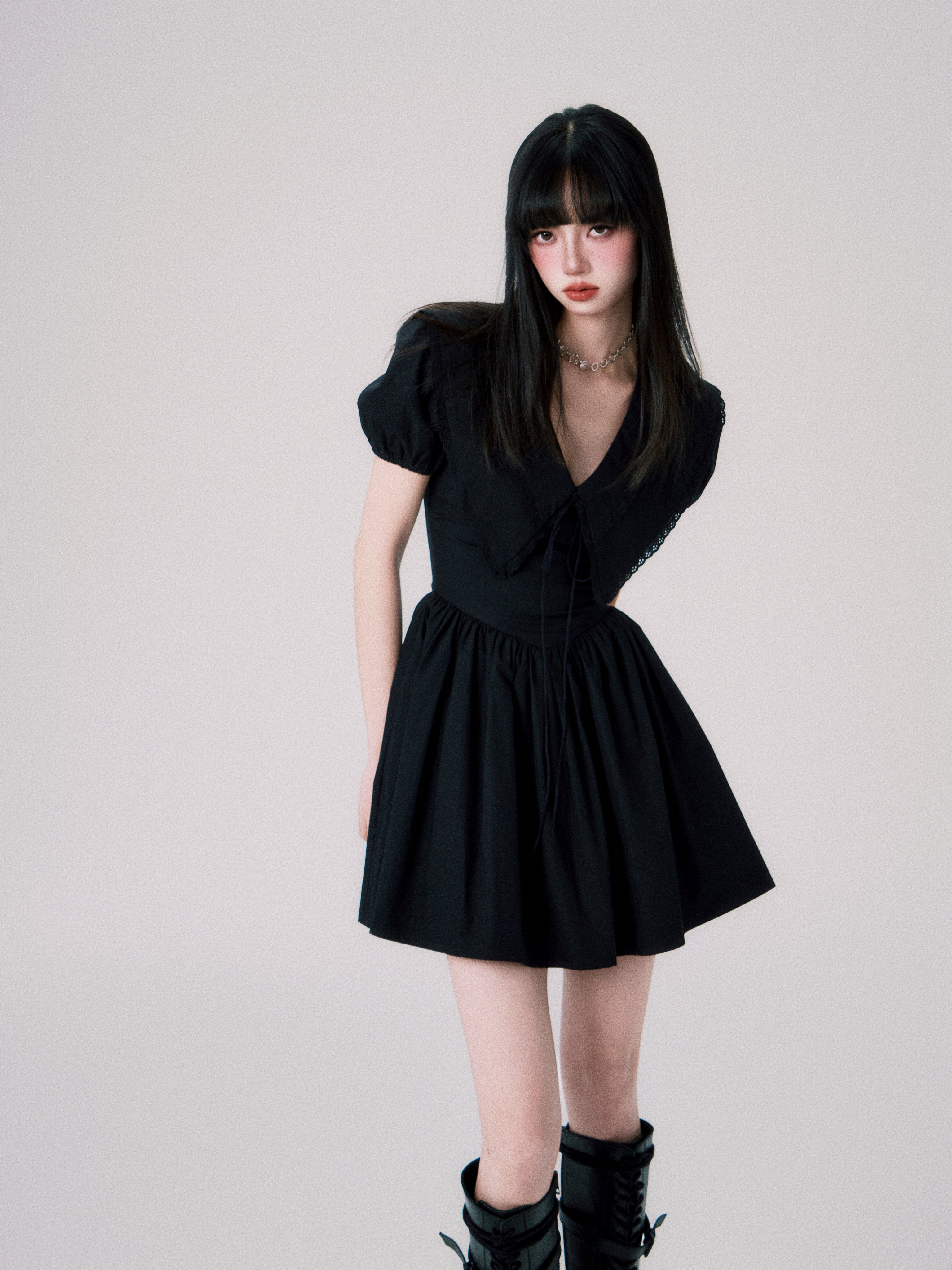 Babydoll Collar Puff Sleeve Short One-piece – ARCANA ARCHIVE