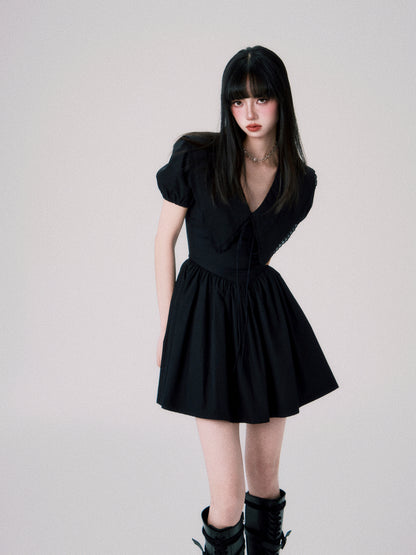 Babydoll Collar Puff Sleeve Short One-piece