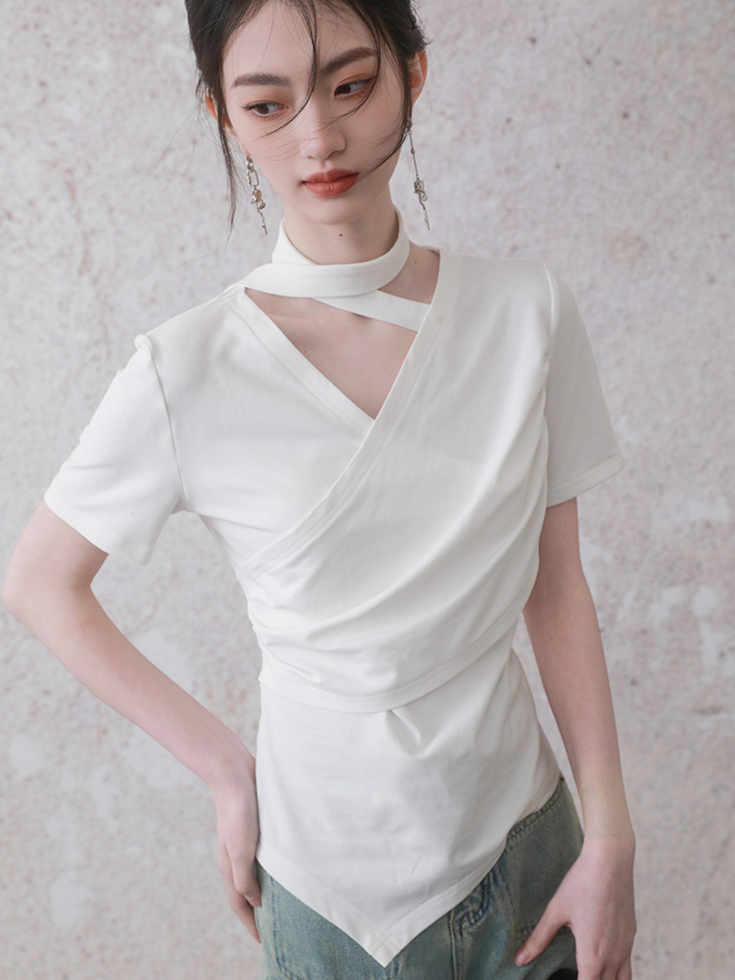 Detachable Neck Ribbon Wrinkled Short-sleeved T-shirt