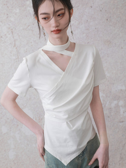 Detachable Neck Ribbon Wrinkled Short-sleeved T-shirt