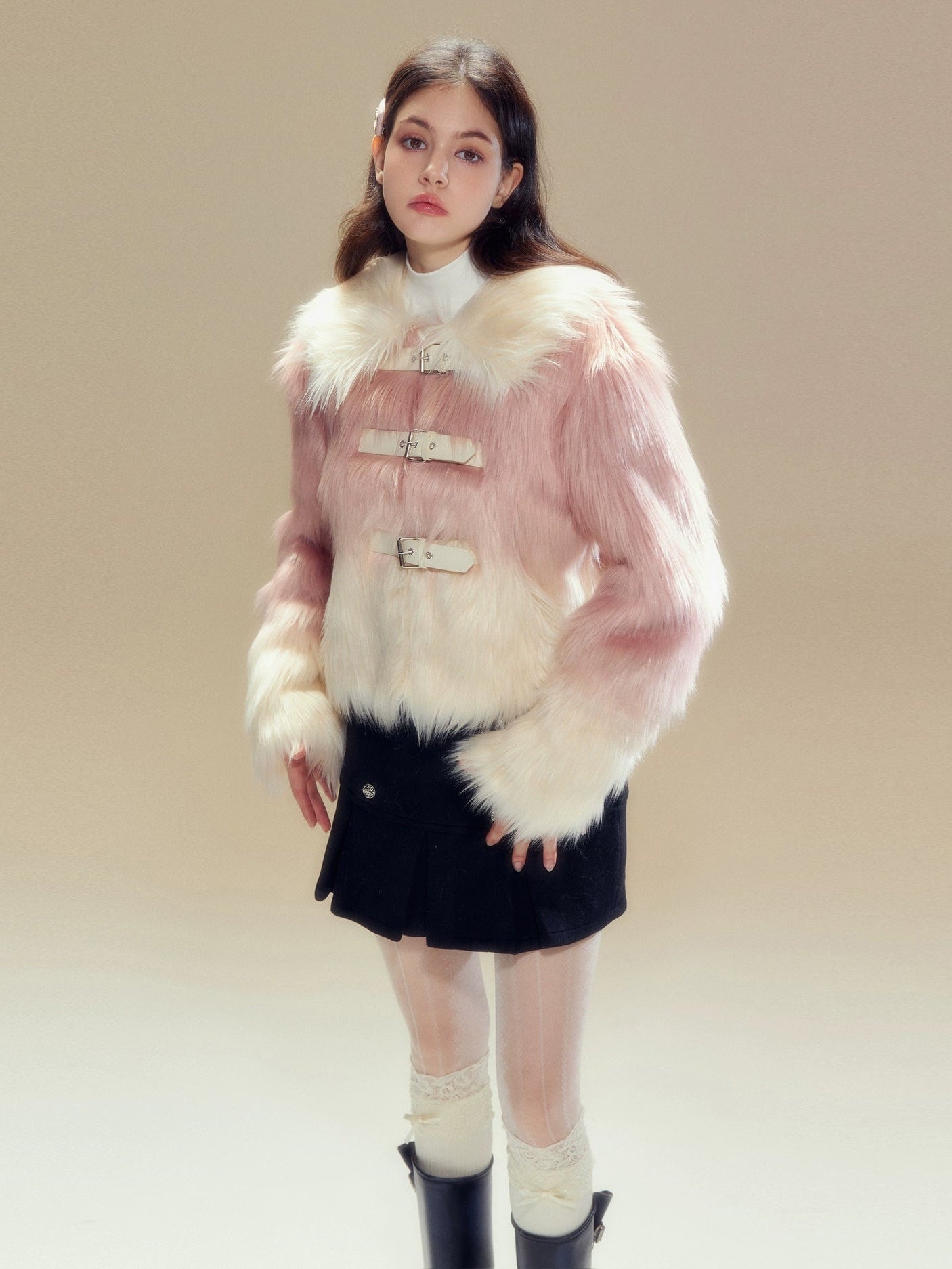 Gradient Long Hair Leather Buckle Friendly Fur Jacket