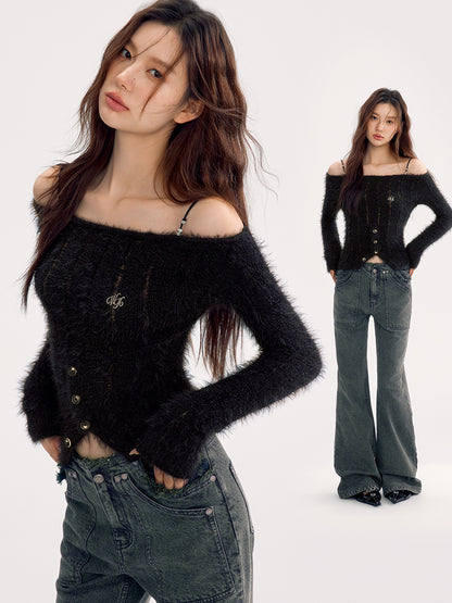 Fluffily Off-Shoulder Strap Mohair-Knit