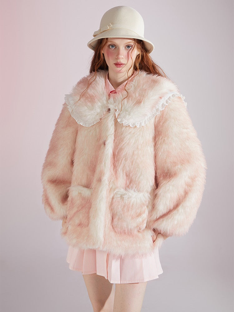 Gradient Double Collar Fur Coat