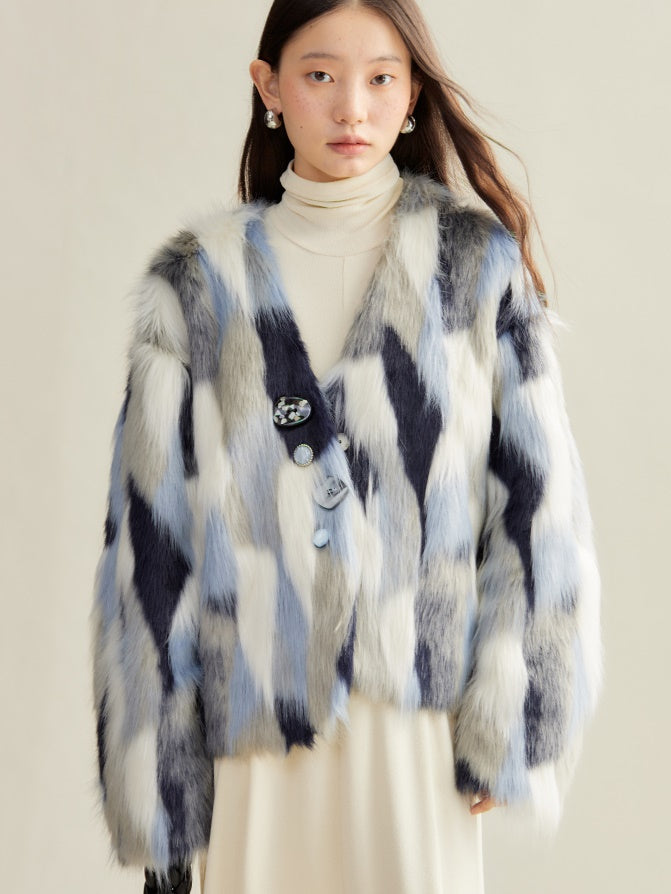 Contrast Color Eco-friendly Fur Short Furry Coat