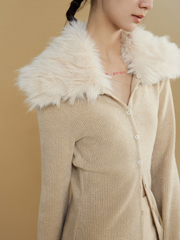 Detachable Fur Collar Long Sleeve Knitted Cardigan