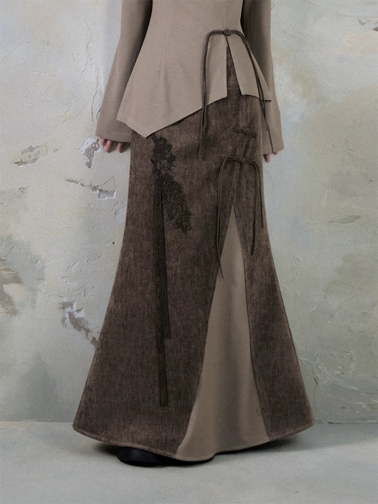 Chinese Style Cut-out Mao Collar Top ＆ Spliced Maxi Skirt