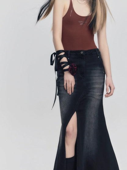 Gradient Mermaid Slit Denim Skirt