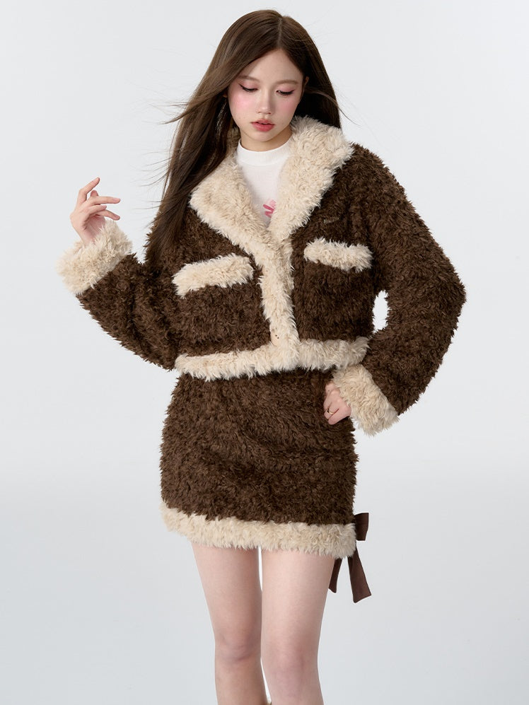 Lamb Hair Plush Short Jacket ＆ Mini Skirt