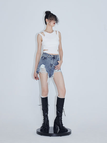 A-line Raw-edged Denim Short Pants