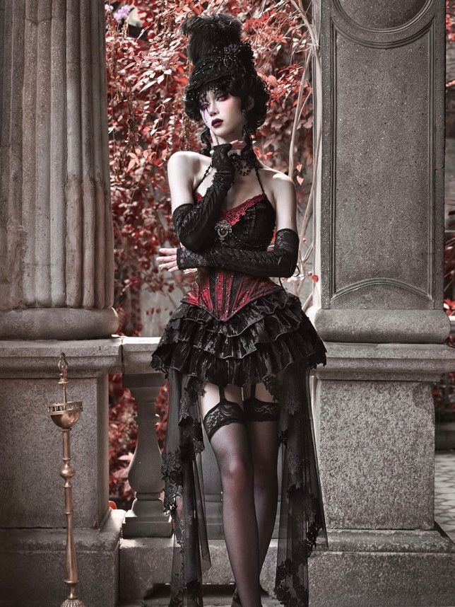 Gothic Velvet Fishbone Corset &amp; Bead Decoration Camisole &amp; Tulle Lace Velvet Skirt