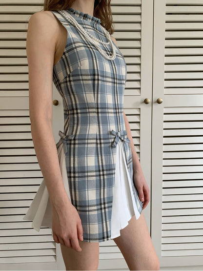 Sleeveless Check Patchwork Pleated Dress