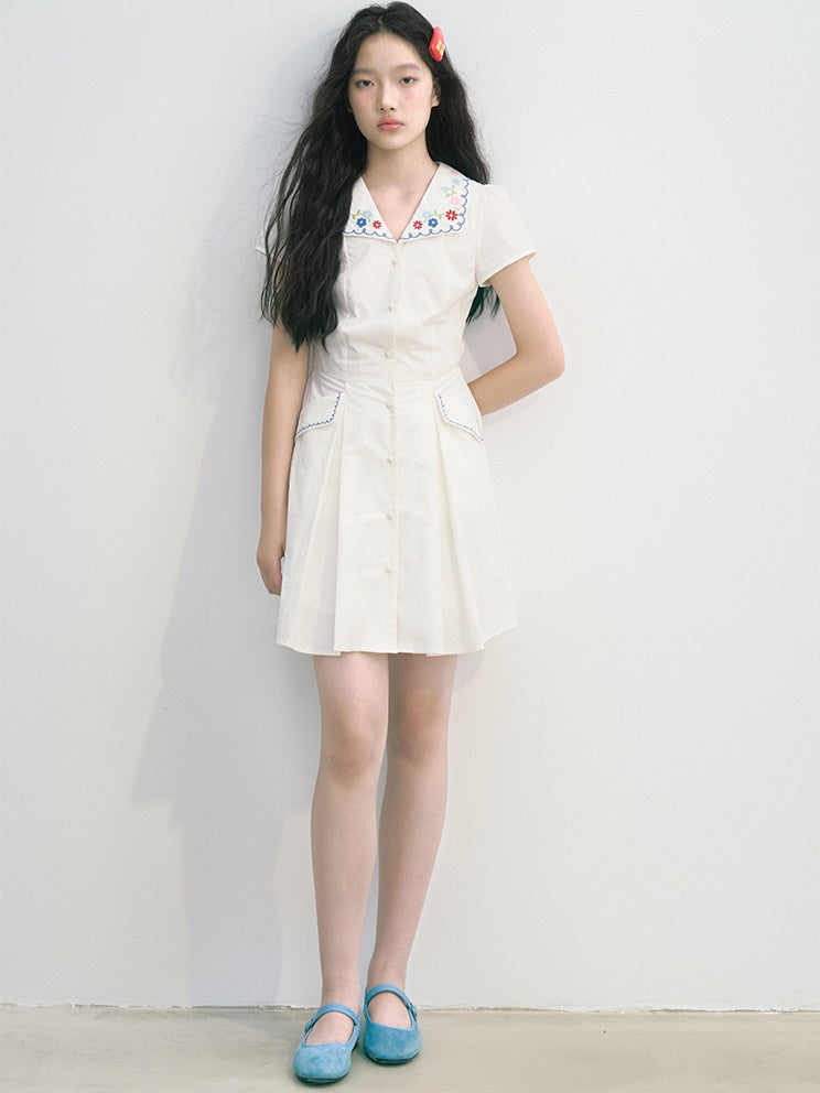 Flower Embroidery Waisted A-Line Shirt One-piece