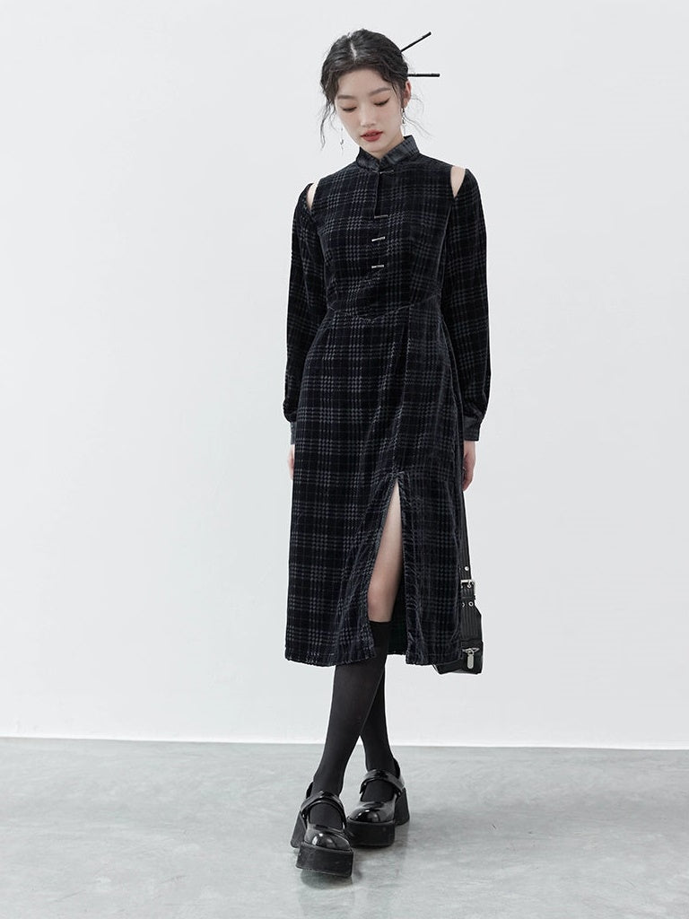 Chinese Style Houndstooth Velvet Stand Collar Dress