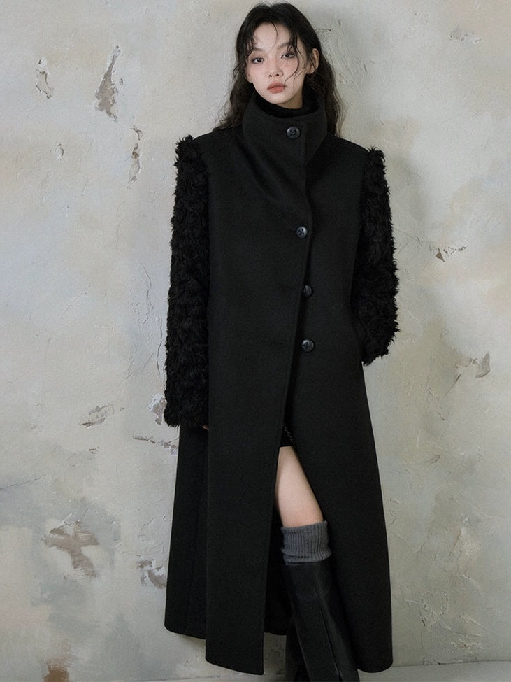 Plush Fur Sleeve Splicing Stand Collar Coat