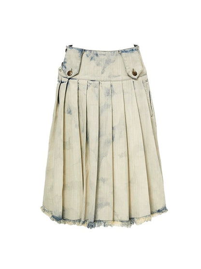 Washed Faded Heavy Duty Denim Pleated Skirt