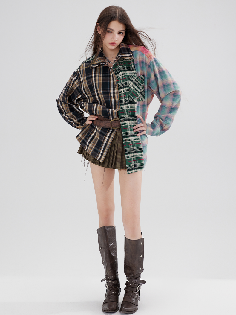 Loose Niche Design Contrasting Plaid Splicing Shirt