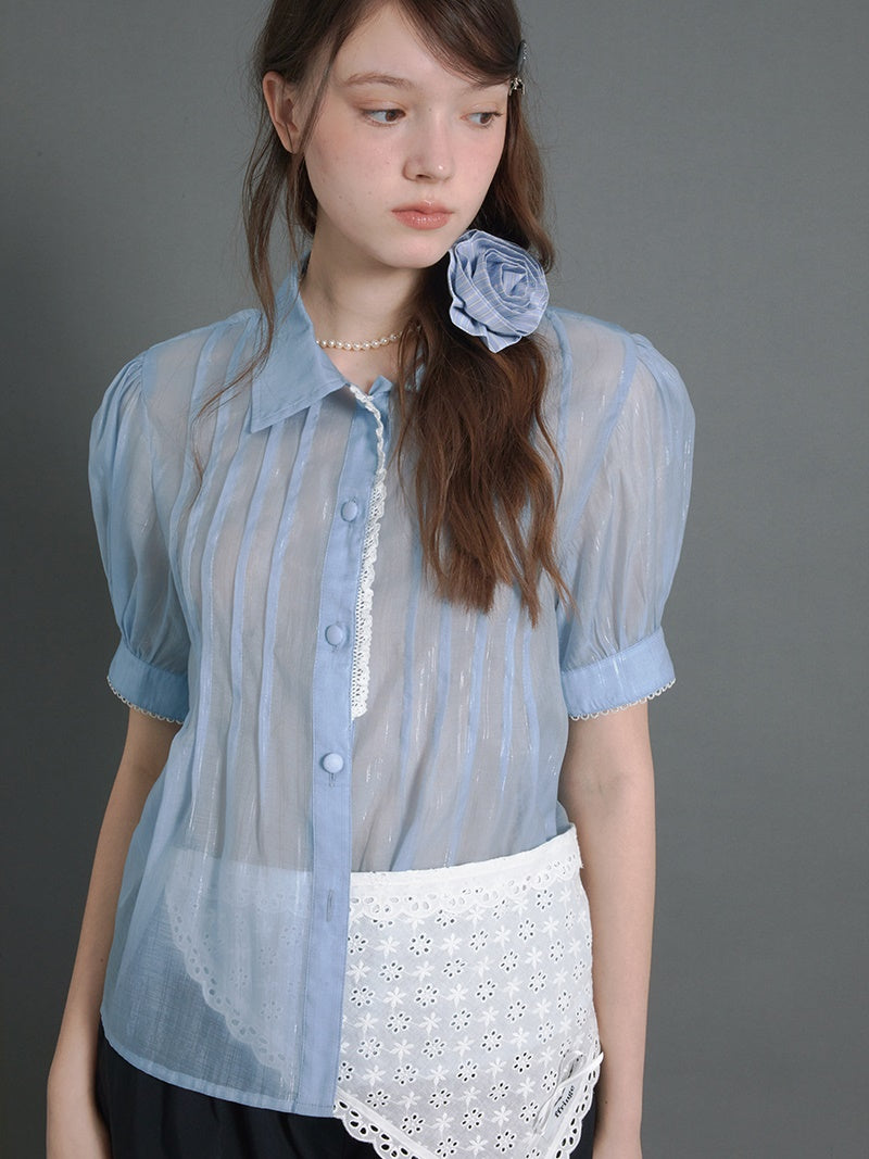 Pin Tuck Puff Sleeve Sheer Blue Shirt