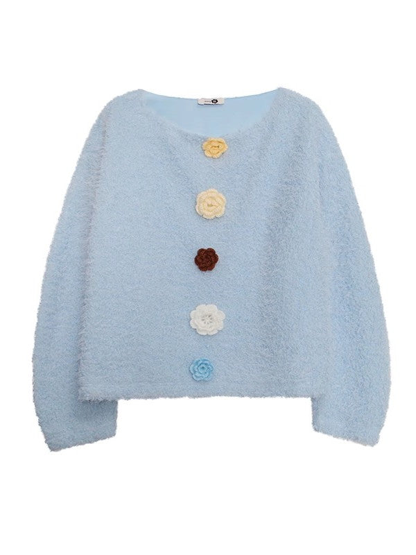 Flower-Motif Retro Sweet Loose Mohair-Knit