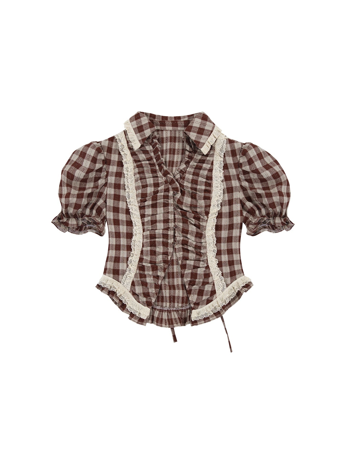 Plaid Puff Sleeve Lace Stitch Shirt