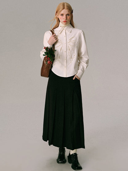 Bow Cut-out Embroidered Long-sleeved Shirt