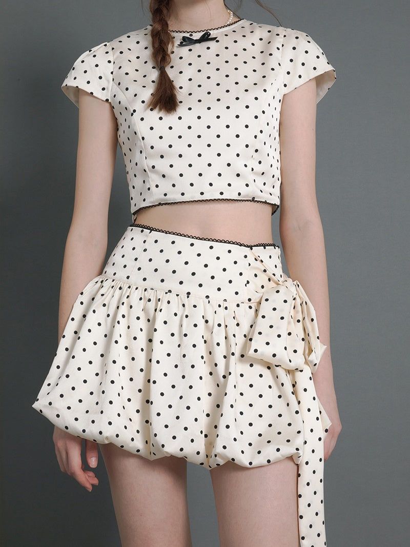 Polka Dot Short Sleeve Cropped Top ＆ Ribbon Bud Skirt