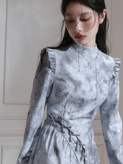 Blurred Print Stand-Collar Lace-up Dress