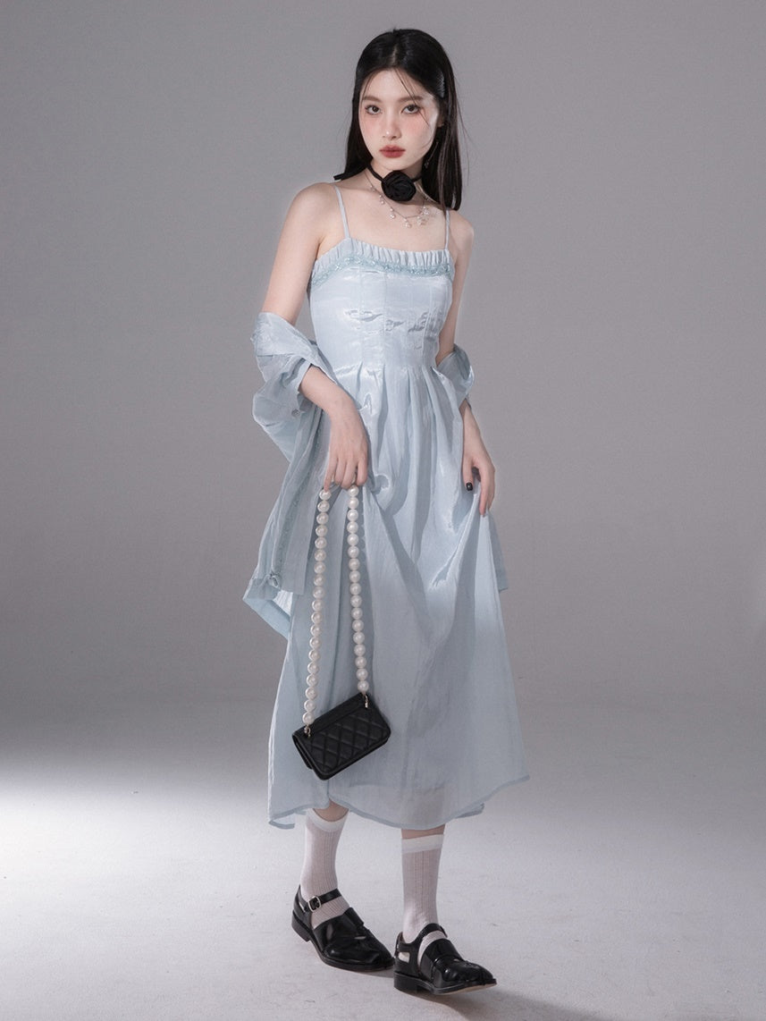 Glossy Drawstring Shirt &amp; Slip Long Dress