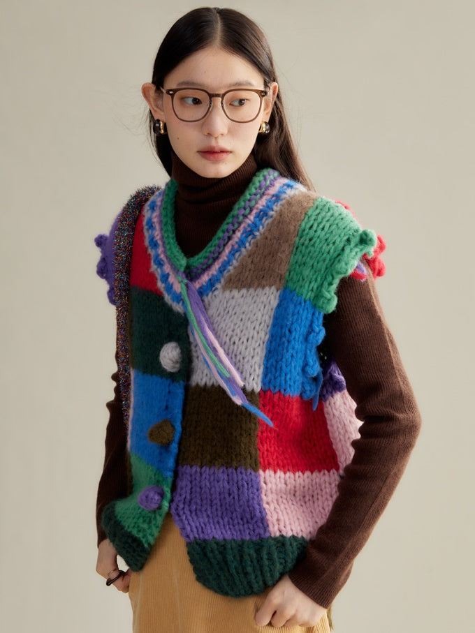 Patchwork Color Knitted Vest Cardigan