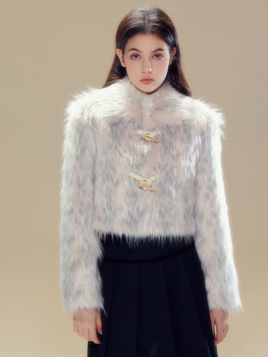 Long Hair Horn Button Friendly Fur Jacket &amp; Box Pleated Skirt