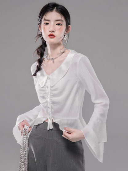 Semi-transparent Chiffon Bell Sleeve Shirt