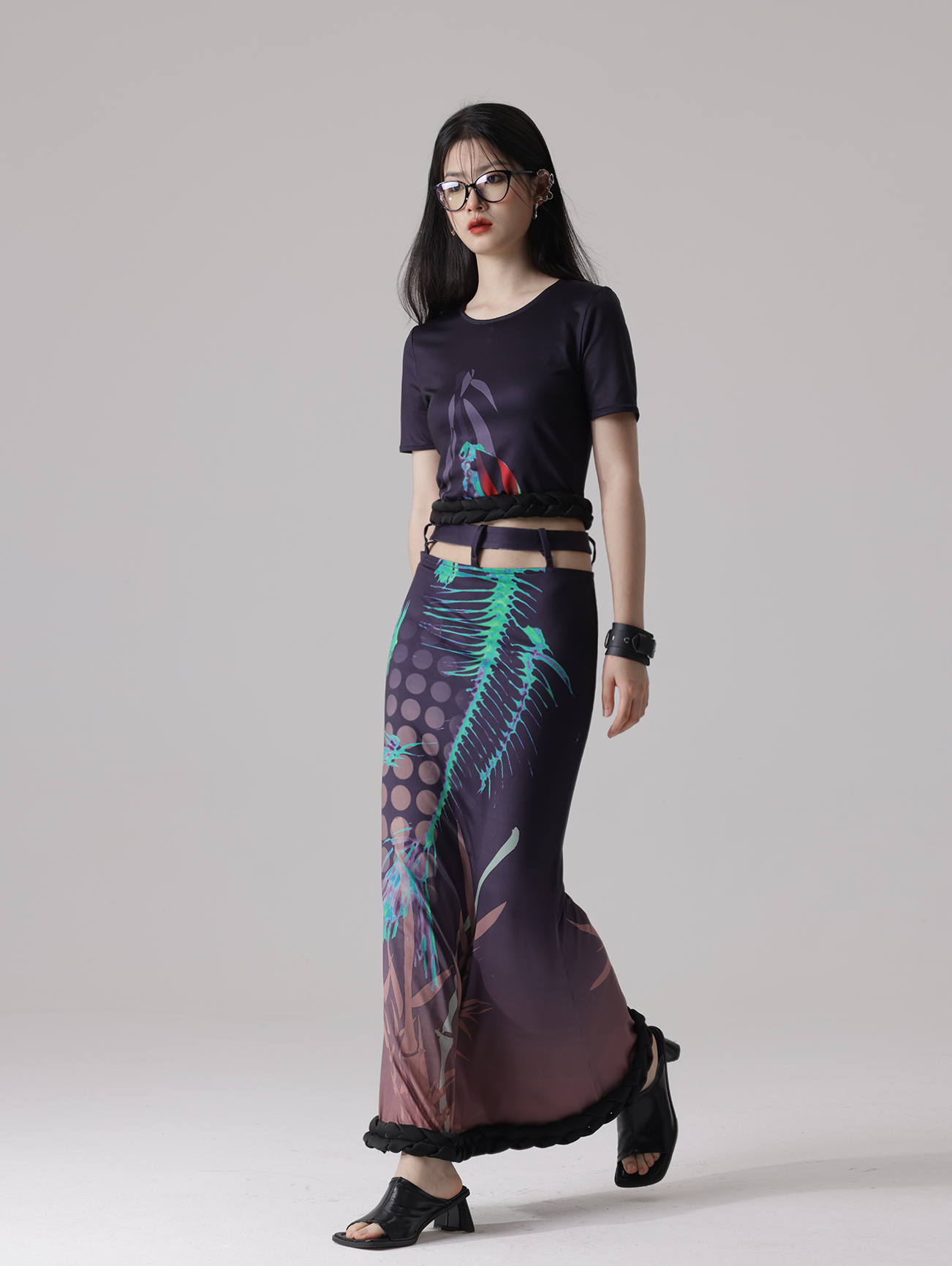 Fishbone Print Stitching Braid Profile Hem Top &amp; Fishtail Skirt