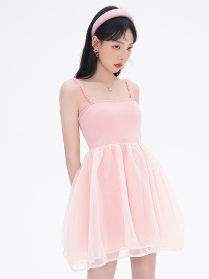 Splicing High Waist Tulle Suspender Dress