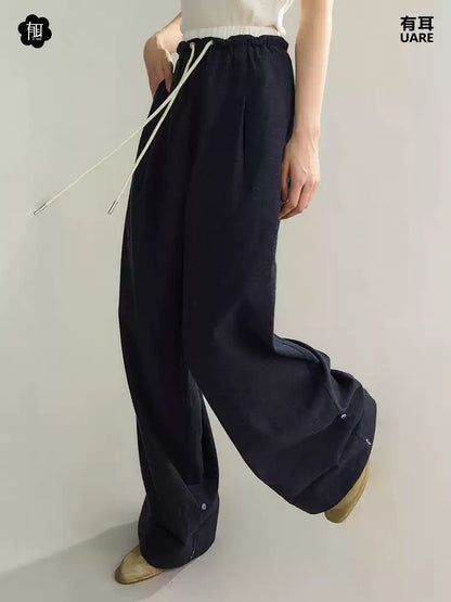 Set-Up Bi-Color Denim Casual Embroidery Elastic-Waist Shirt＆Wide-Pants