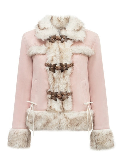 Suede Touch Butterfly Buckle Fur Plush Jacket &amp; Pleated Skirt