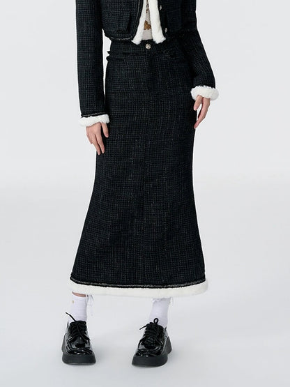 Contrast Color Fur Collar Tweed Padded Jacket &amp; Skirt