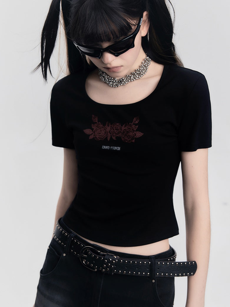 Lace Rose Print Short-Sleeed T-Shirt