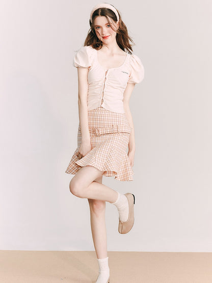 Grid Belt Ruffled High Waist Skirt