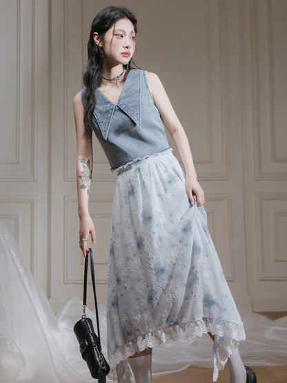 Rose Ink Printed Lace Sleeveless Top ＆ Irregular Hem Skirt Set-up