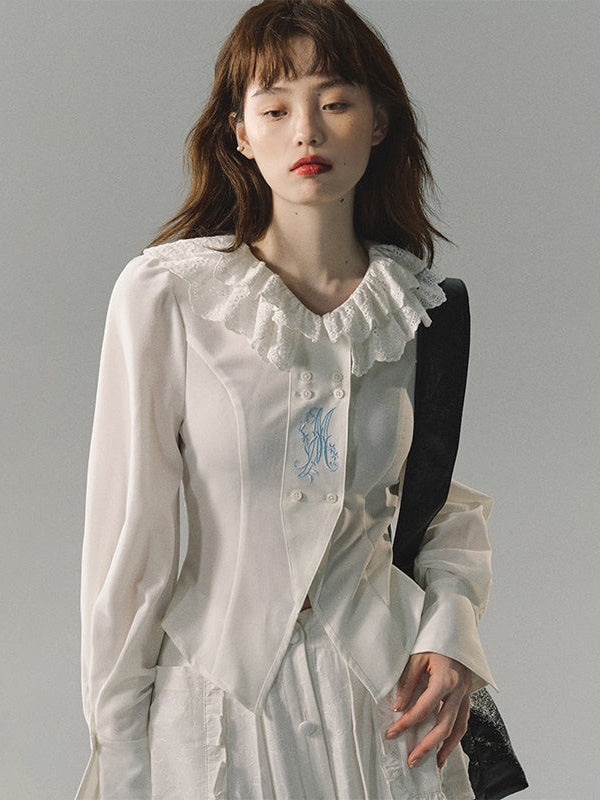 Retro Double-layer Lace Collar Slit Shirt