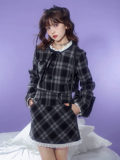 Checkered Lace Stitch No-Collar Jacket ＆ A-Line Skirt