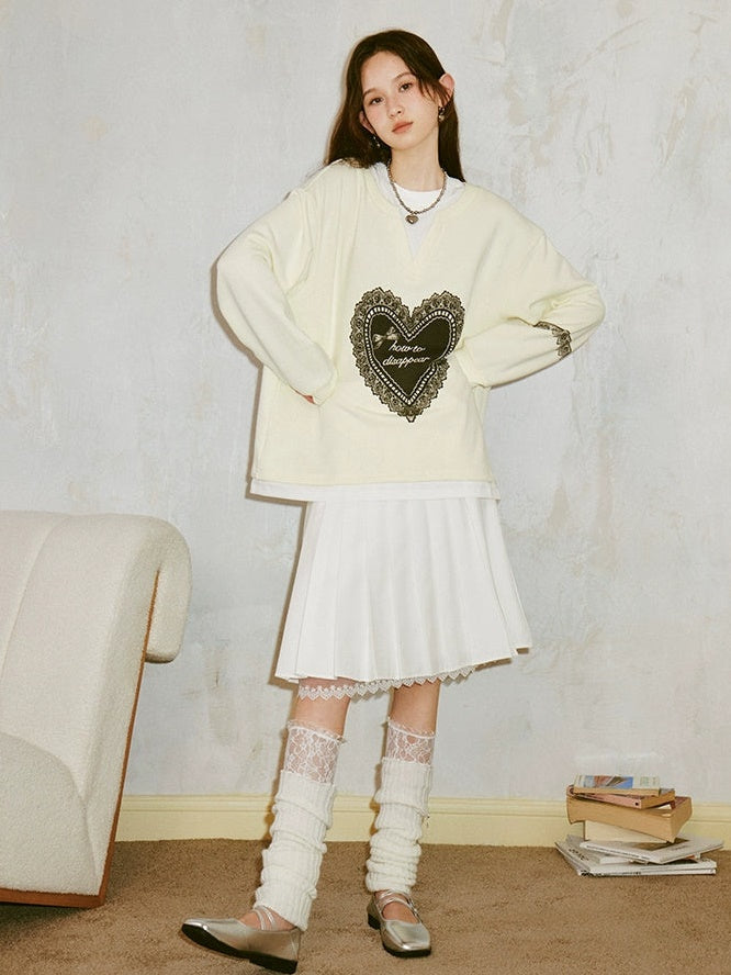 Fake Two-piece Lace Love Print Loose Sweat