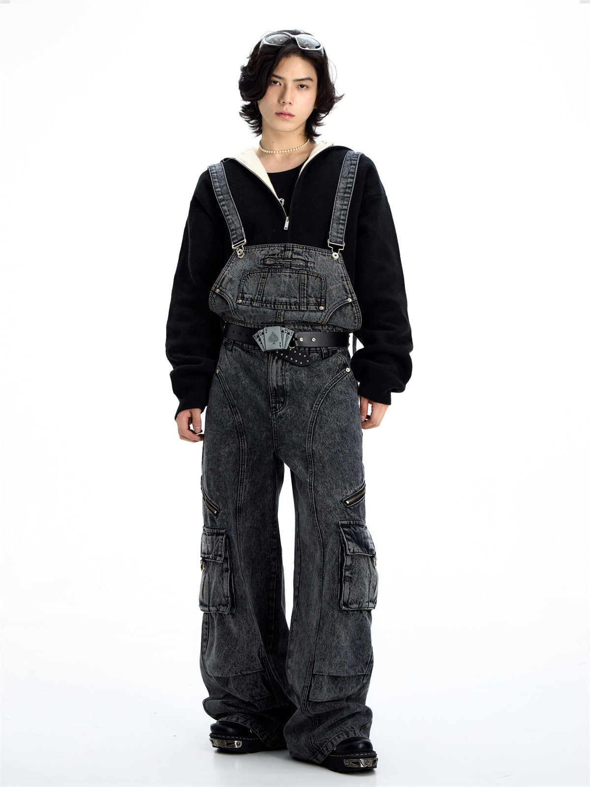 Retro Suspender Design Stitching Denim Pants