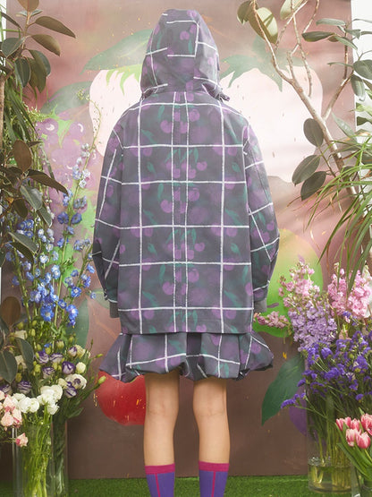 Gradient Cherry Plaid Printed Hooded Windbreaker Jacket &amp; Flower Bud Skirt