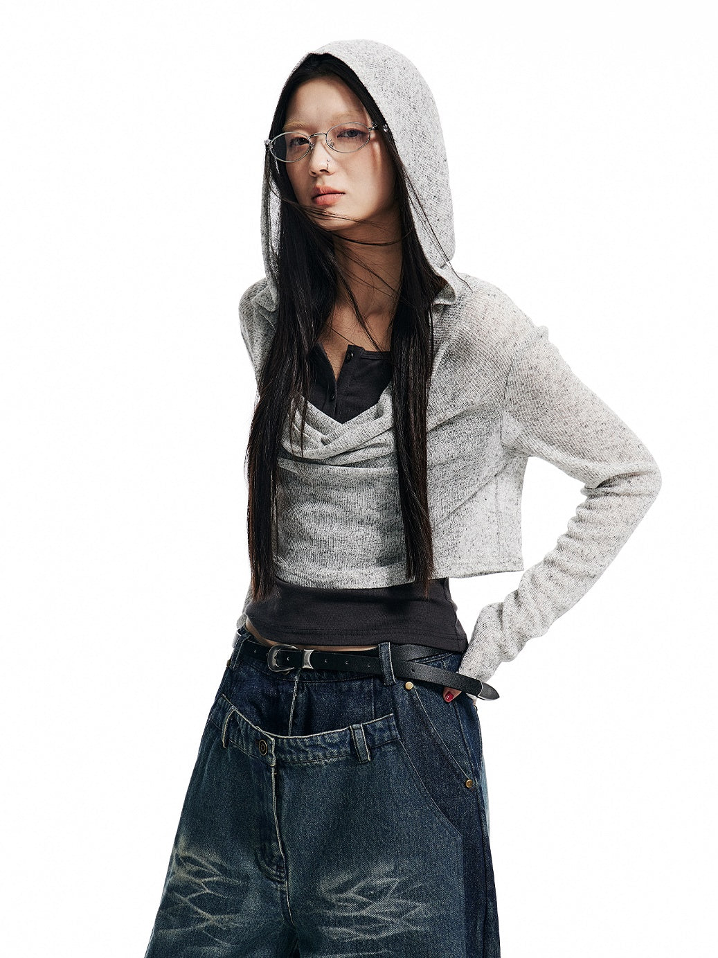 Knitted Hooded Short Top ＆ Tank Top Set-up