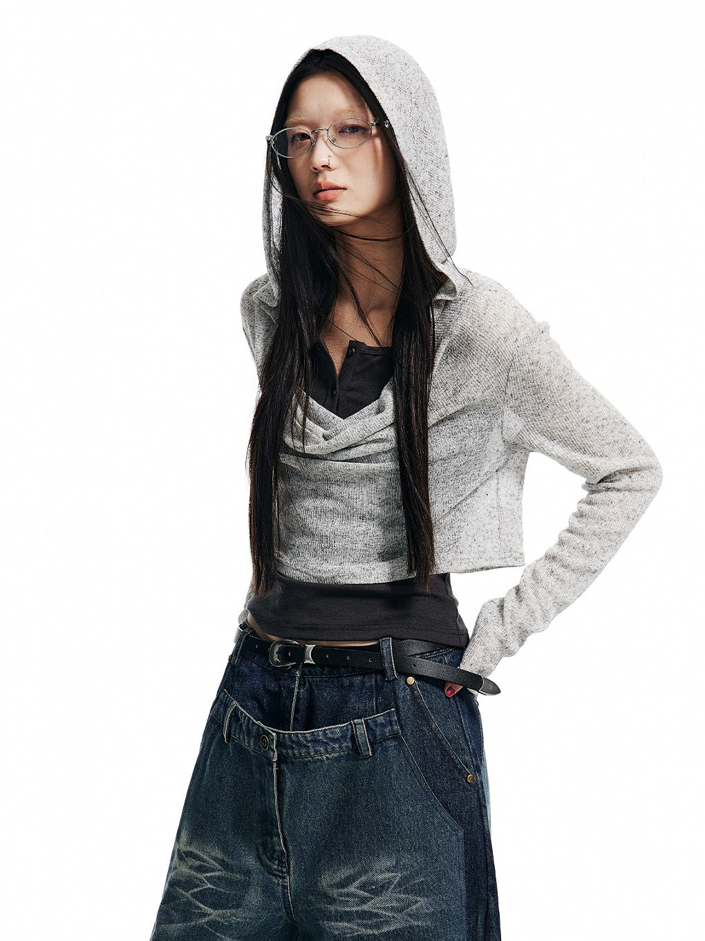 Knitted Hooded Short Top ＆ Tank Top Set-up