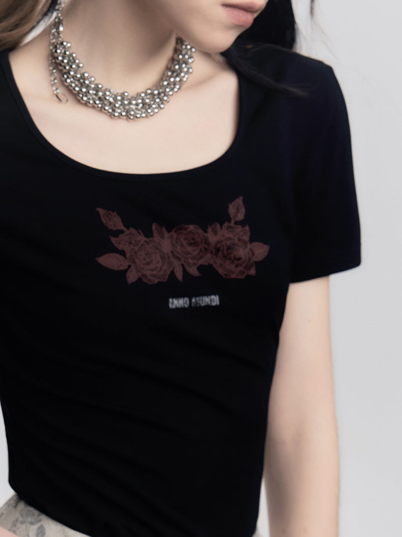 Lace Rose Print Short-Sleeed T-Shirt