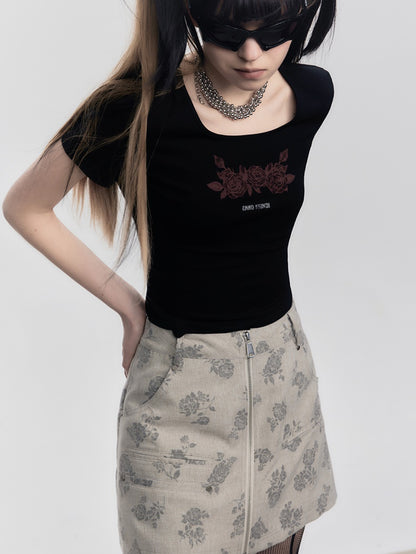 Lace Rose Print Short-Sleeed T-Shirt