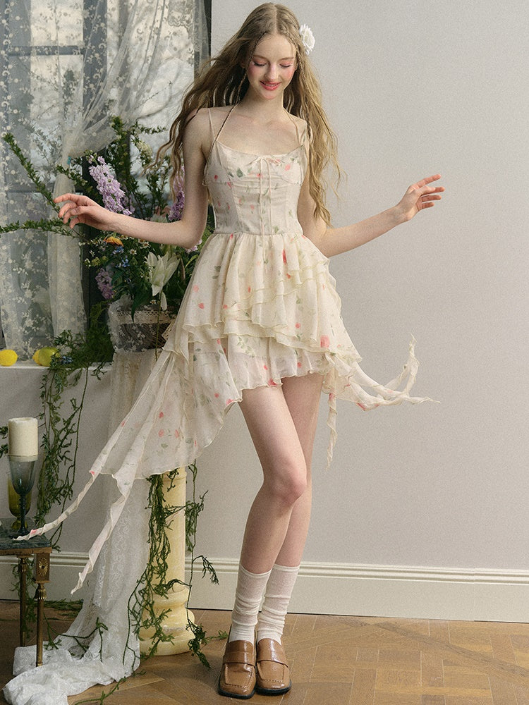 Rose Irregular Ruffle Suspender Dress